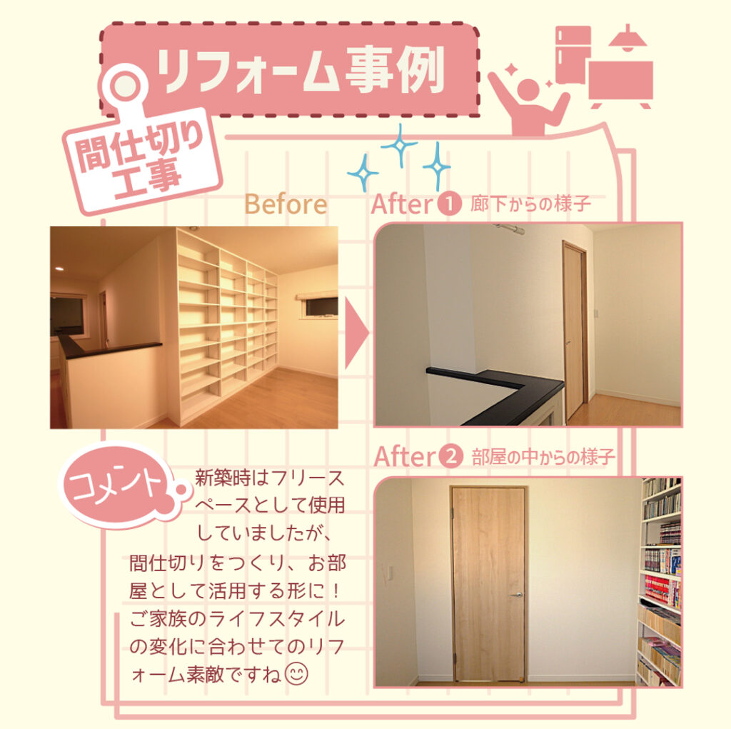 リフォーム事例　間仕切り工事　新築時はフリースペースとして使用していましたが、間仕切りを作り、お部屋として活用する形に。ご家族のライフスタイルに合わせてのリフォーム素敵ですね