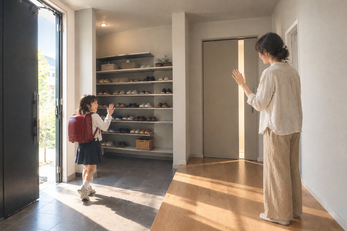 玄関で手を振って登校する小学生と、見送るお母さんのイメージ