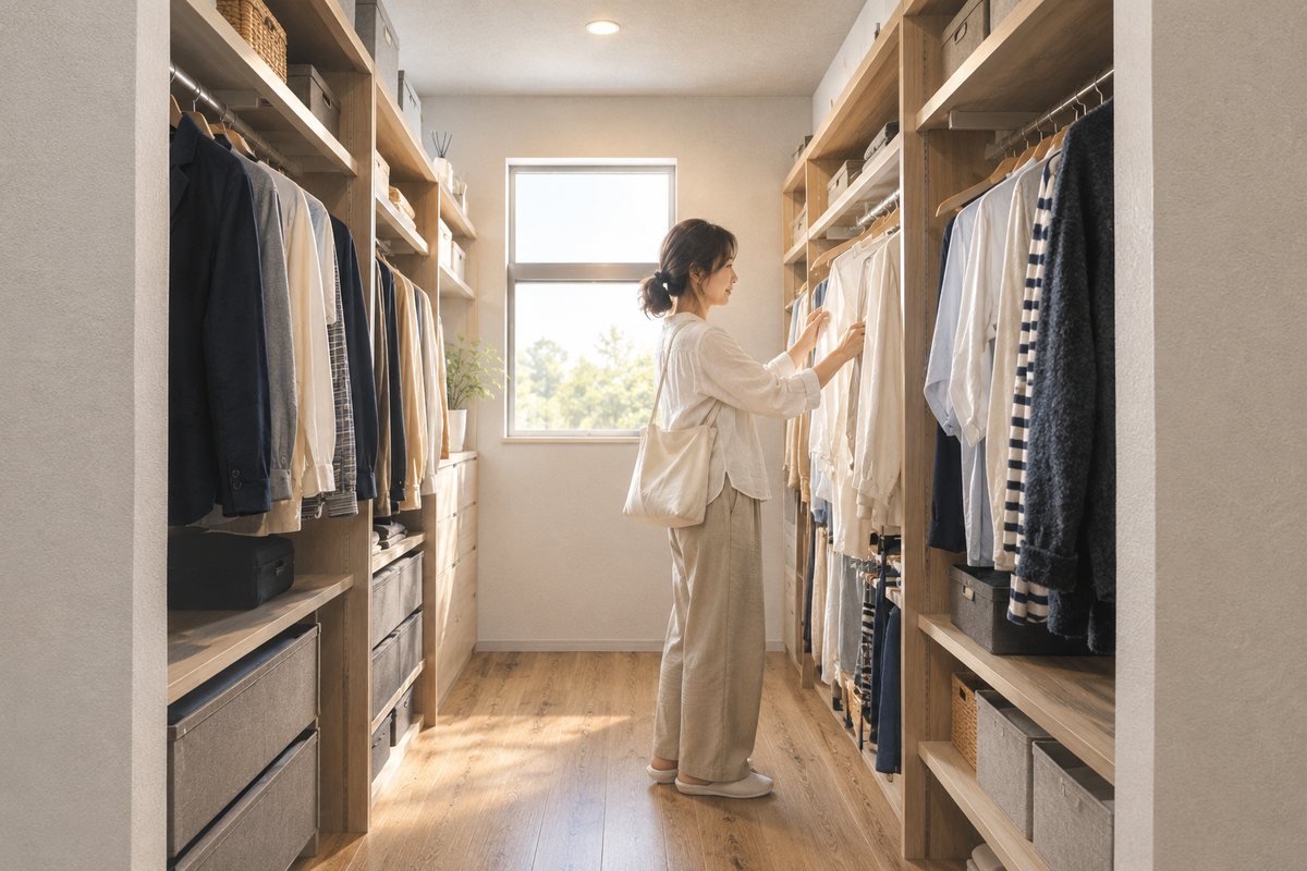 ウォークインクローゼットで服を選ぶ女性のイメージ