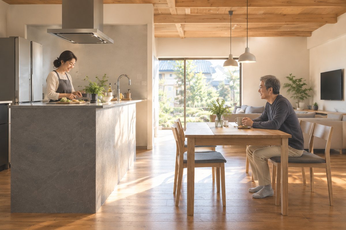 キッチンで料理をする妻と、向かいのテーブルで話す夫のイメージ