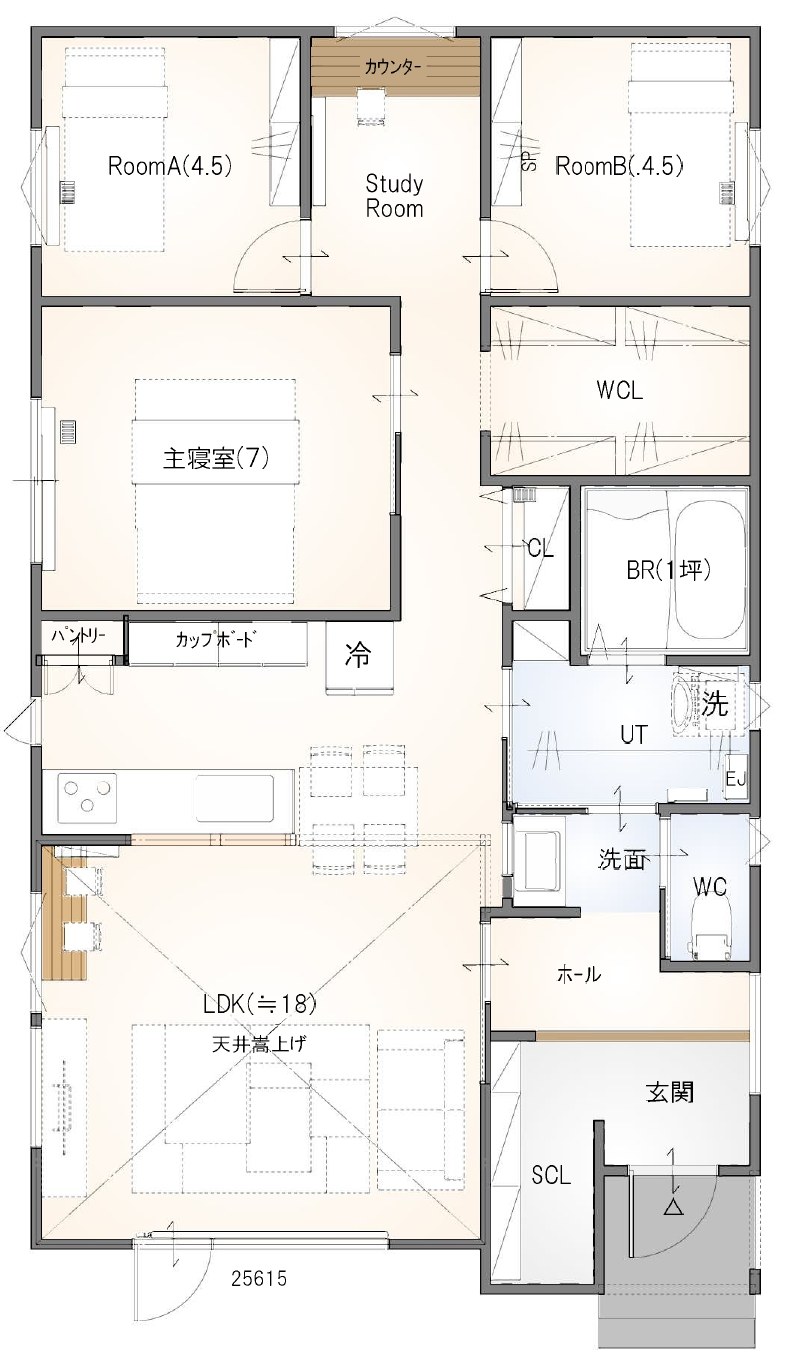 間取り図。南に玄関とLDK、中央にキッチンと水まわり、北側に主寝室・洋室2室・スタディルーム