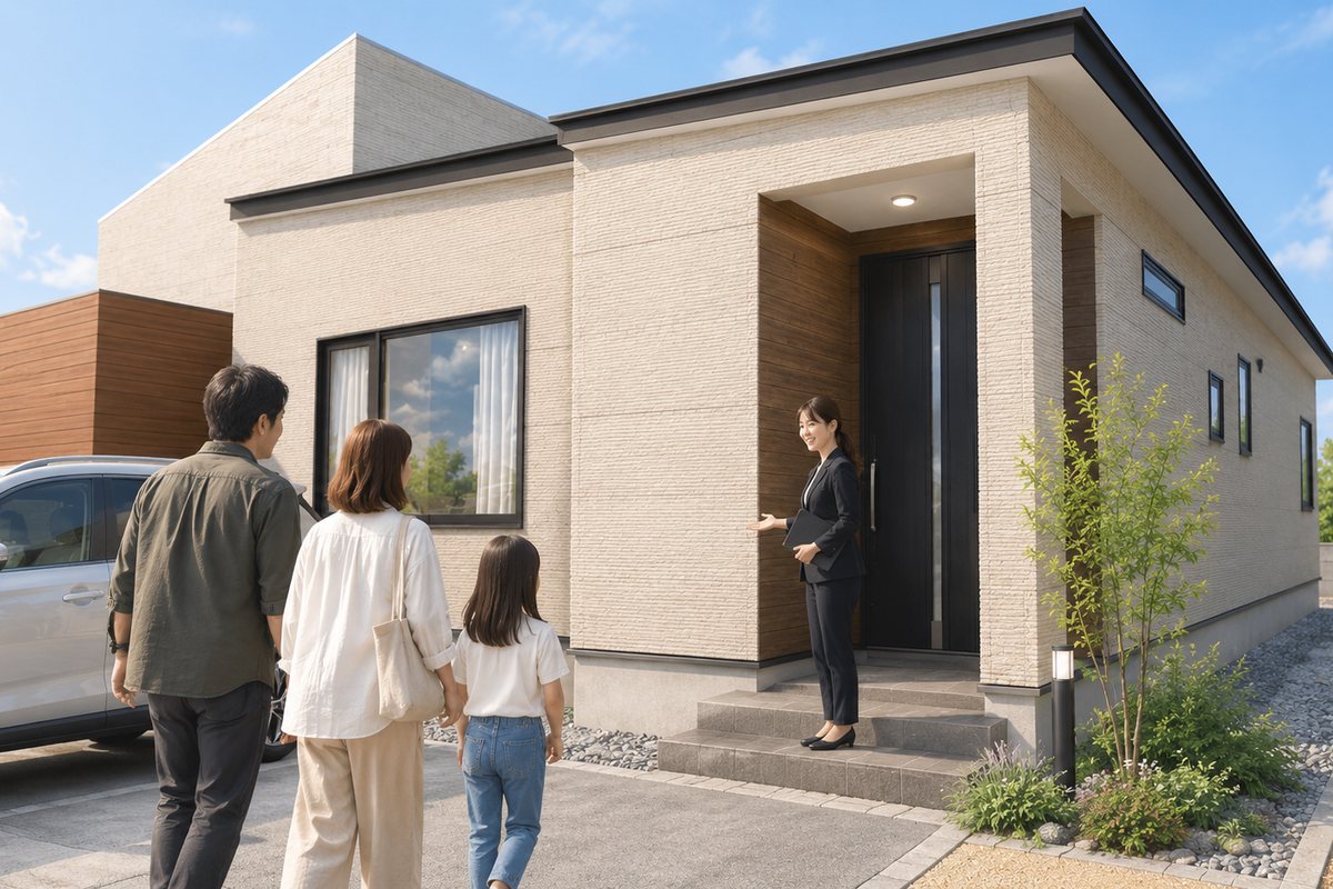 見学に訪れた家族を、平屋の玄関前でスタッフが迎えるイメージ
